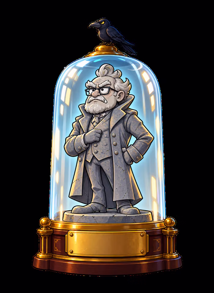 The former museum director, turned into a statue under a glass dome